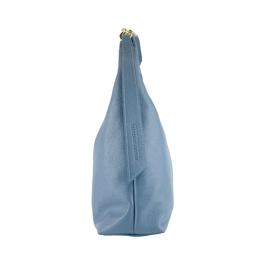 RB1017P | Women's Soft Shoulder Bag in Genuine Leather Made in Italy with Removable Shoulder Strap. Attachments with Shiny Gold Metal Snap Hooks - Color: Air Force Blue - Dimensions: 36 x 40 x 13 cm